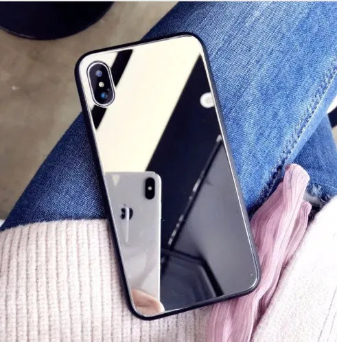 Black iPhone back cover case with a built-in mirror on the rear, compatible with multiple iPhone models.