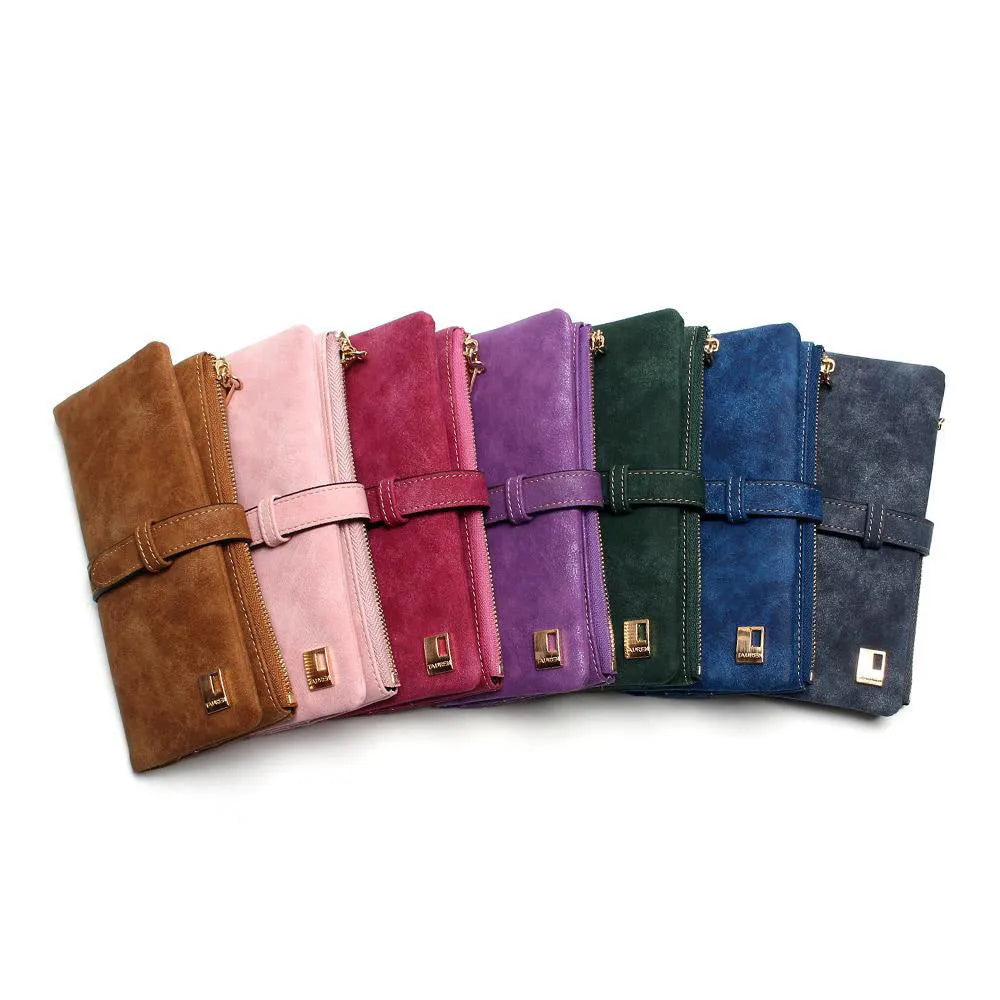 Women's retro matte PU leather long wallet with zipper closure showing interior compartments