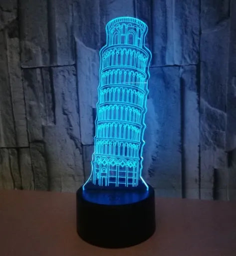 Leaning Tower of Pisa 3D acrylic nightlight with colour-changing LEDs on a black base