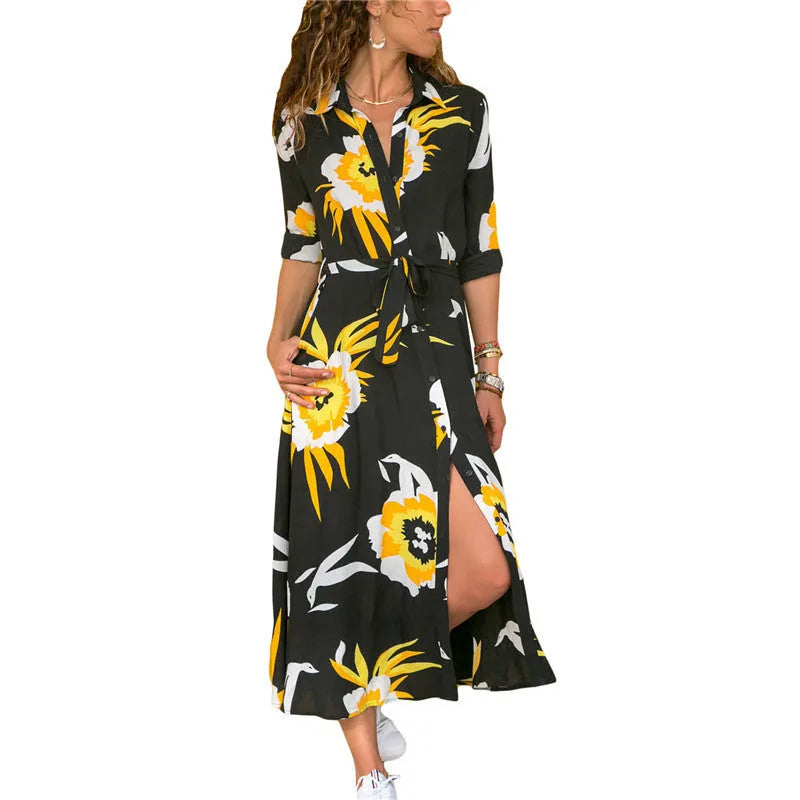 Women's Madrid Vintage print chiffon A-line dress with high waist and V-neck.