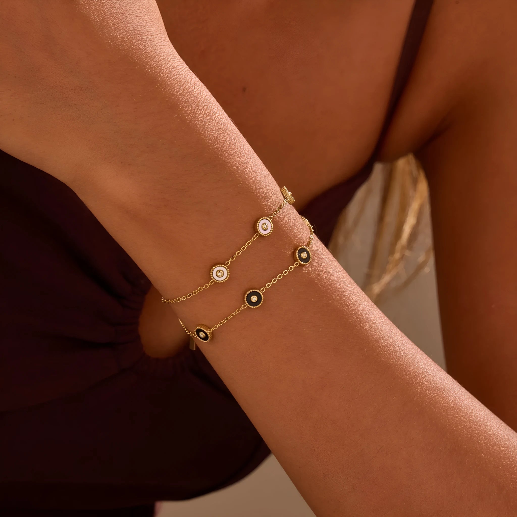 Women's geometric fritillary design bracelet and necklace set with 18K gold plating on stainless steel