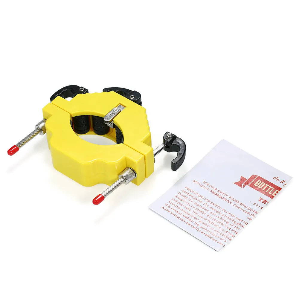 Yellow bottle cutter tool for cutting glass bottles, showing adjustable mechanism and stainless steel blade.