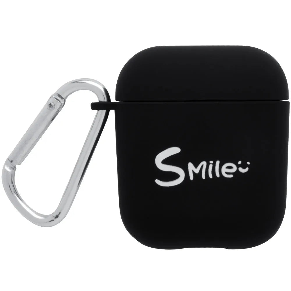 Black and pink AirPods earphone covers with decorative flower and smiley face back designs.