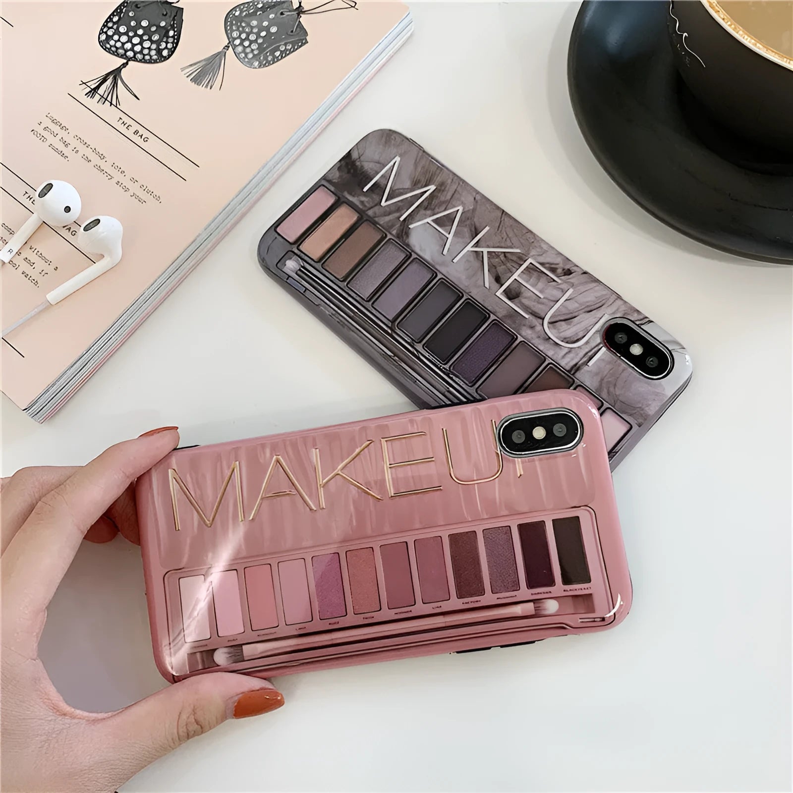 Silicone iPhone case with eye shadow pattern in flesh or grey colour
