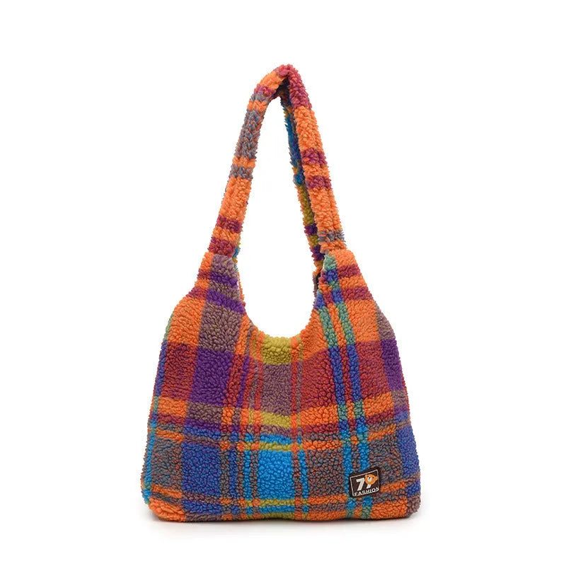 Women's army green plush plaid crossbody tote bag with sandwich pocket and large capacity