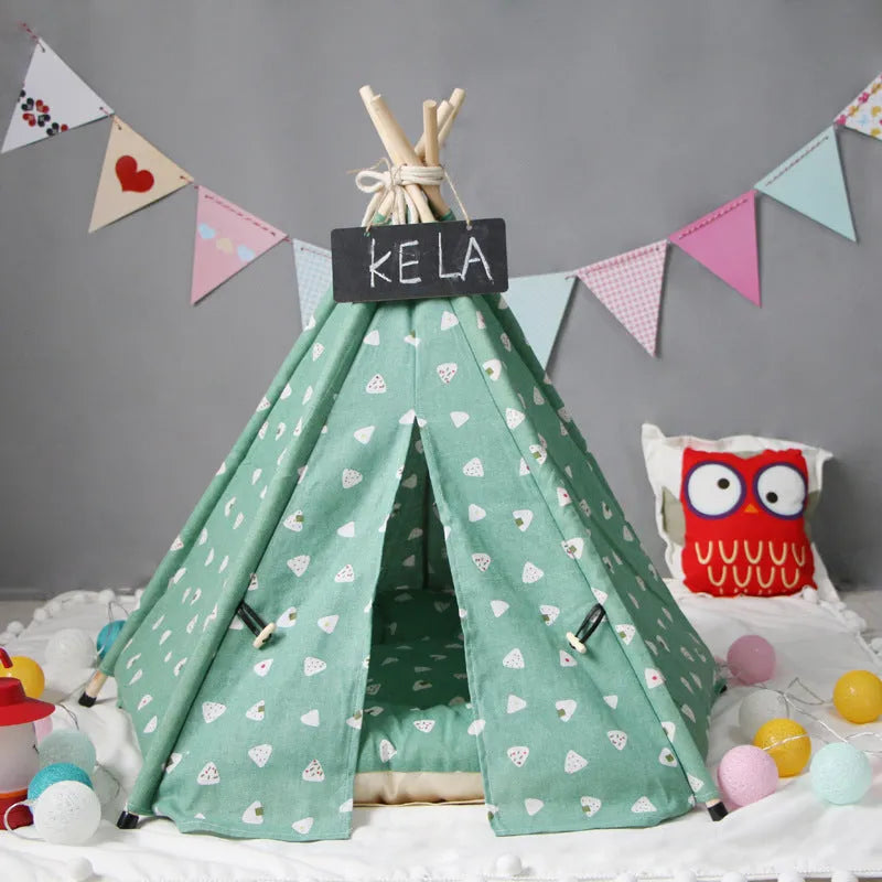 Green triangular cotton pet tent kennel for dogs and cats, wood stick splicing pet nest in S M L sizes