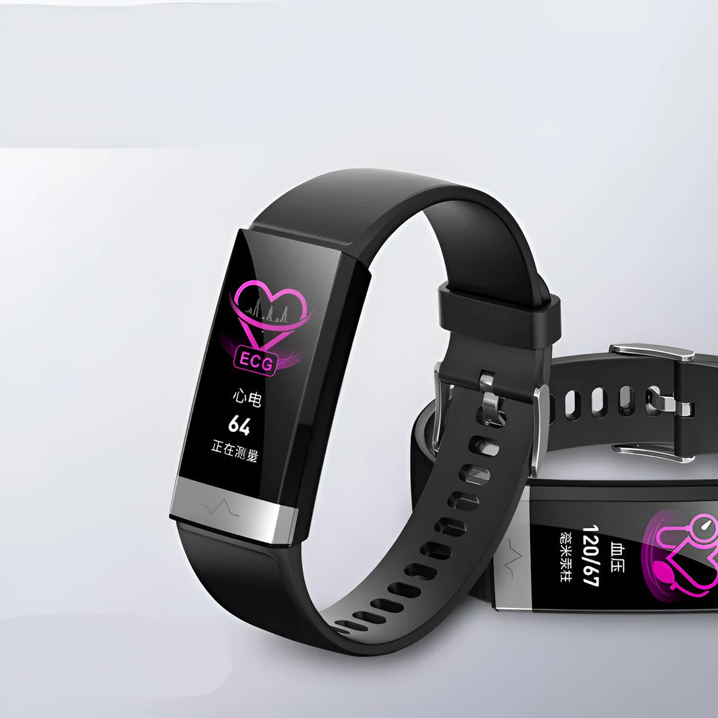 V19 smart health monitoring bracelet in black, blue, or red colours showing its display and TPU wrist strap.