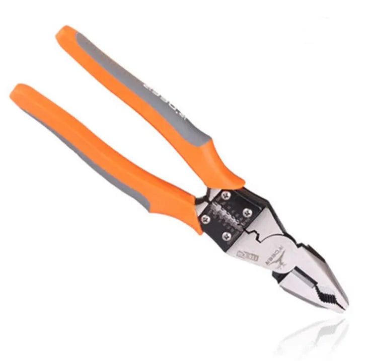 Orange handled 9-inch multi-function wire cutter pliers with chrome steel clamp head.
