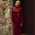 Women's slim fit long sleeve dress with high collar and backless pleated design in formal style
