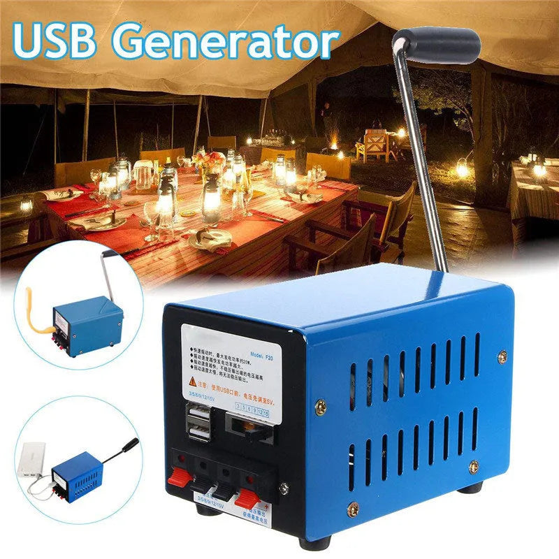 Blue metal hand crank generator with USB ports and adjustable voltage dial for emergency charging