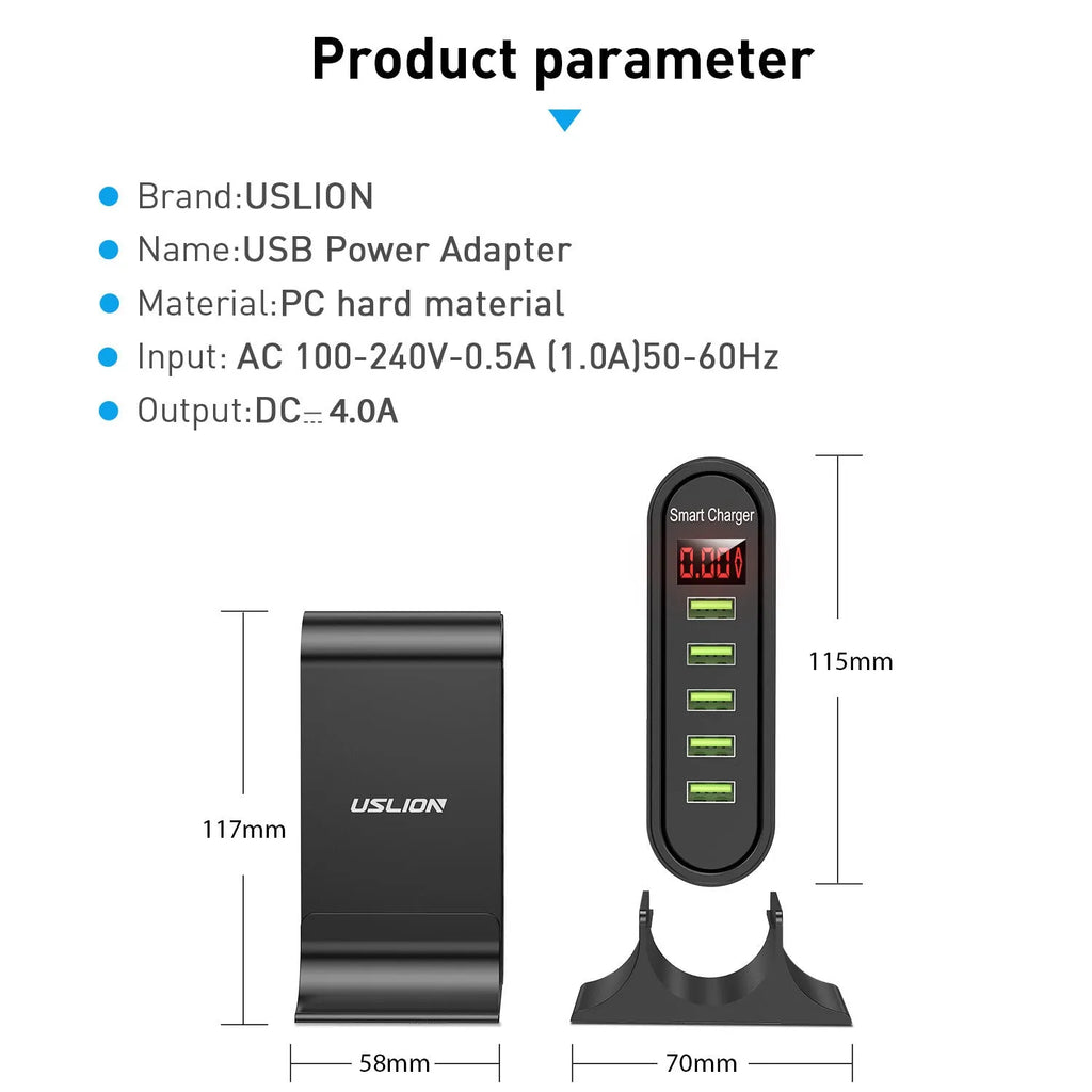 Smart LED digital display USB charger showing voltage parameters with multiple plug style options