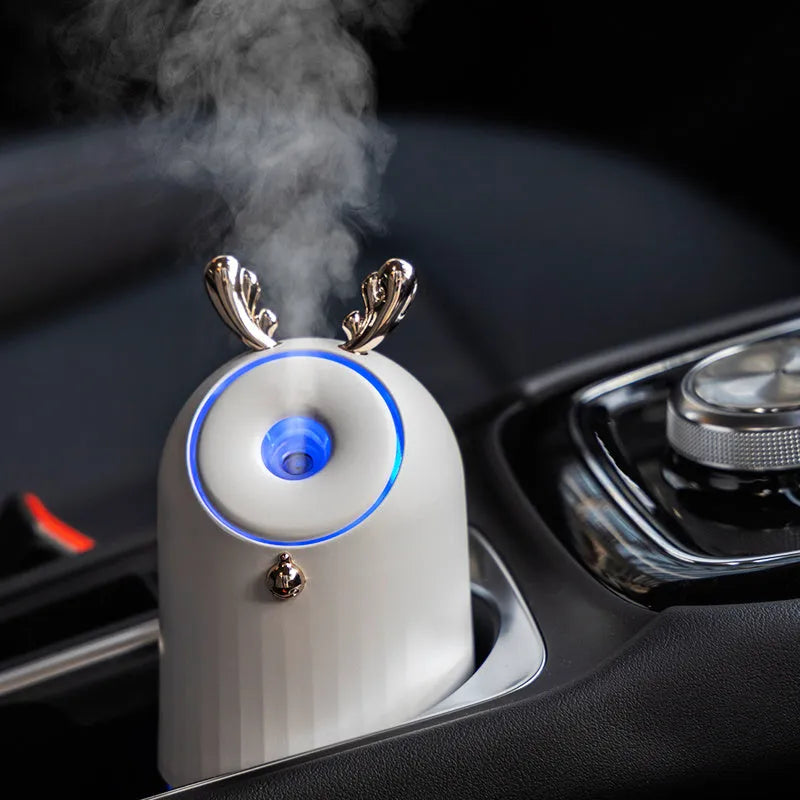Humidifier table lamp with 250ml water container and 800mAh battery, φ80*80*145mm, shown in Blue, Grey, Pink, or White.
