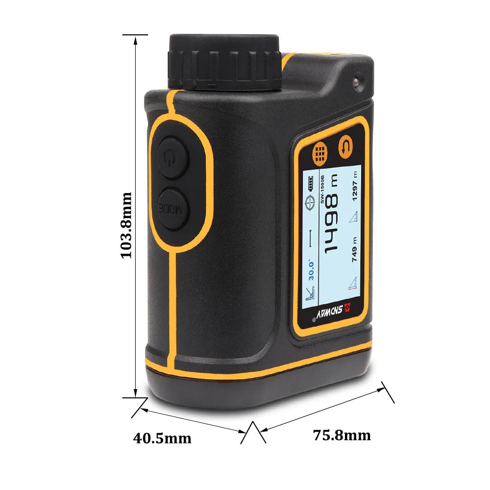 Handheld golf laser rangefinder distance meter showing LCD display with measurement readings