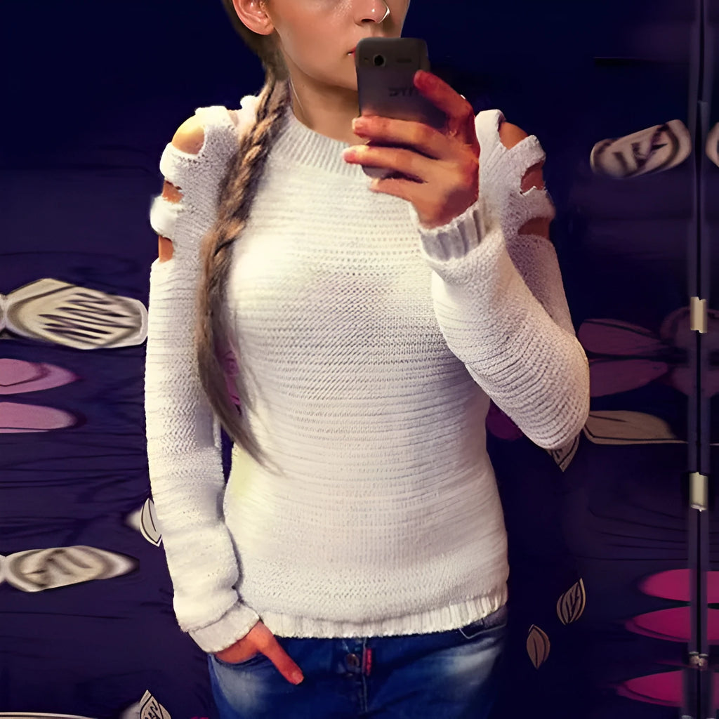 Women's white crocheted hollow-out pullover with long sleeves and textured pattern