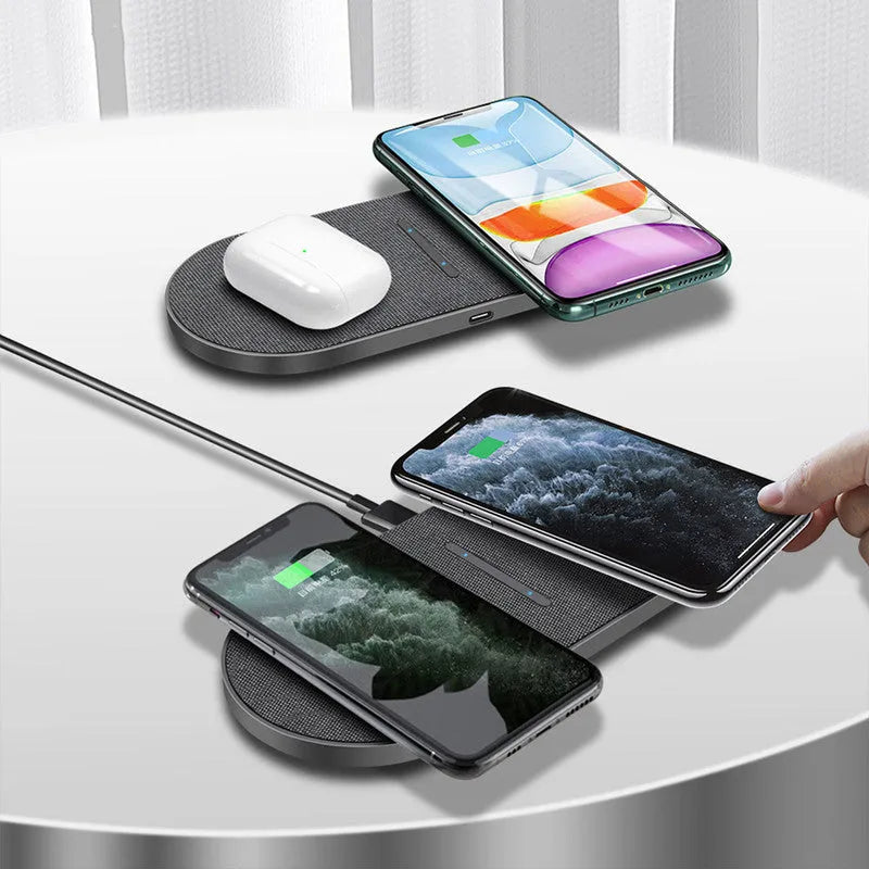 Black 10W wireless charger 2-in-1 set with two charging pads and LED indicators