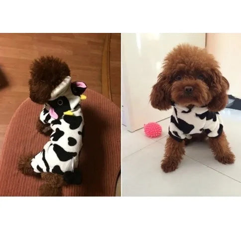 White cow costume hooded pet coat for dogs and cats, sizes XS to XL, with length and bust measurements