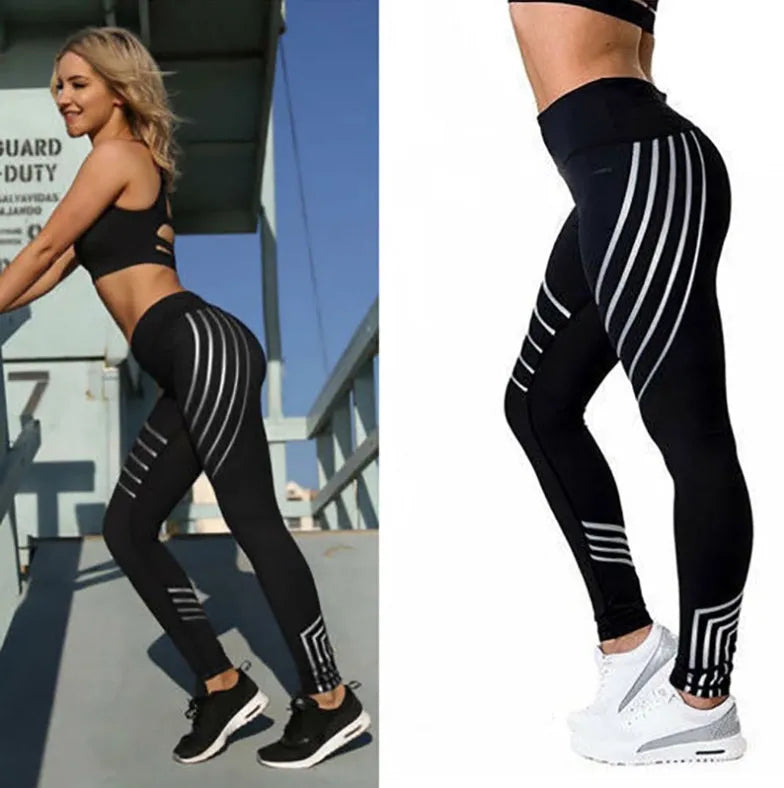 Women's black printed Milk Silk workout leggings with a slim fit, shown from the side.