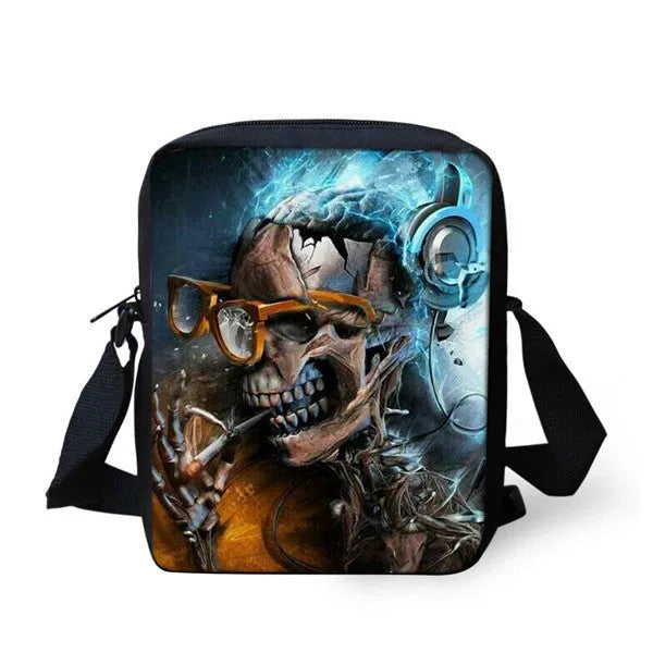 Children's messenger bag with skull patterns showing double straps and zipper closure