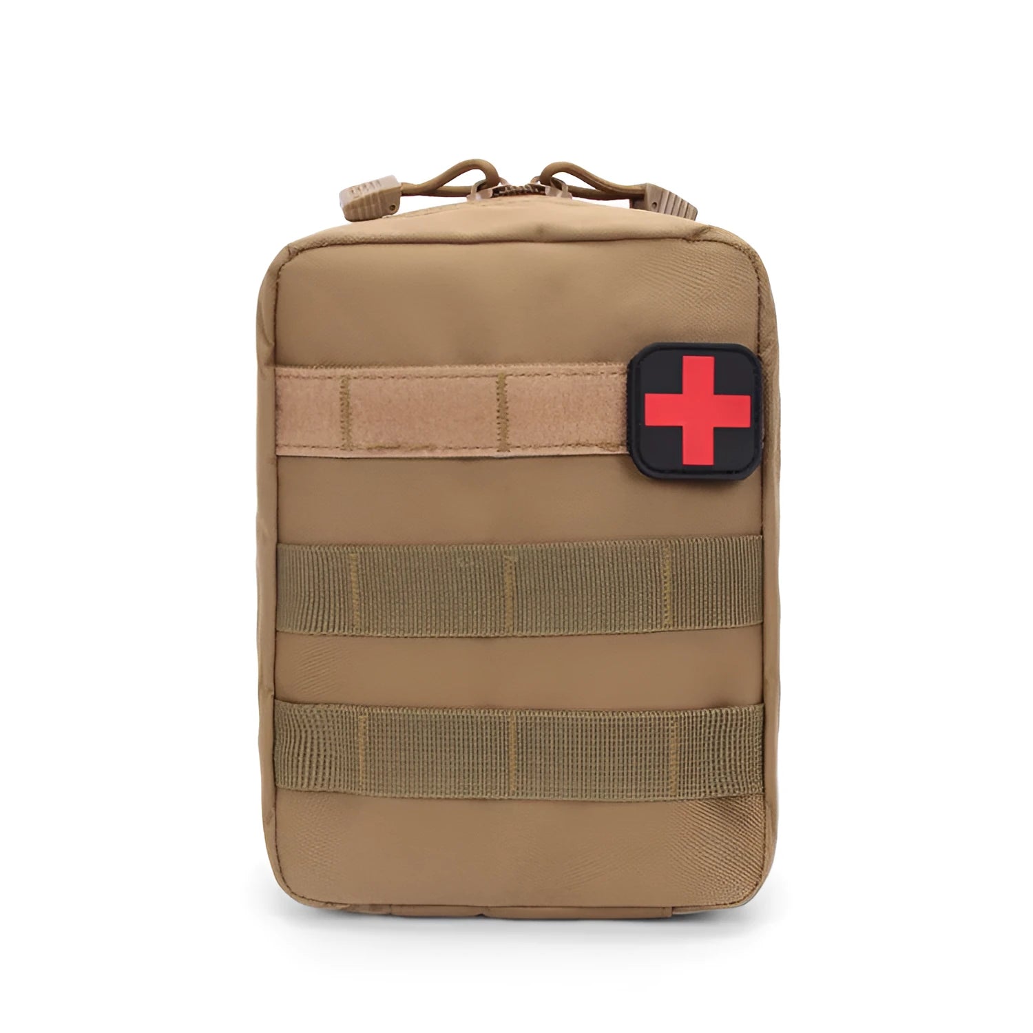 Army green tactical medical accessory bag with Velcro straps, shown with dimensions 15cm by 21cm by 11cm.