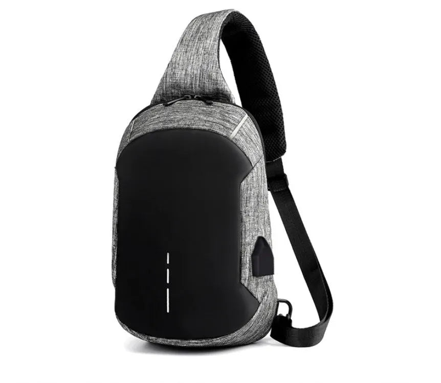 Small dark blue Oxford cloth chest bag with a zipper, shown with dimensions 18cm wide by 31cm high.