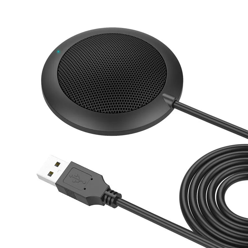 Black USB desktop microphone with metal mesh cover and 70mm diameter