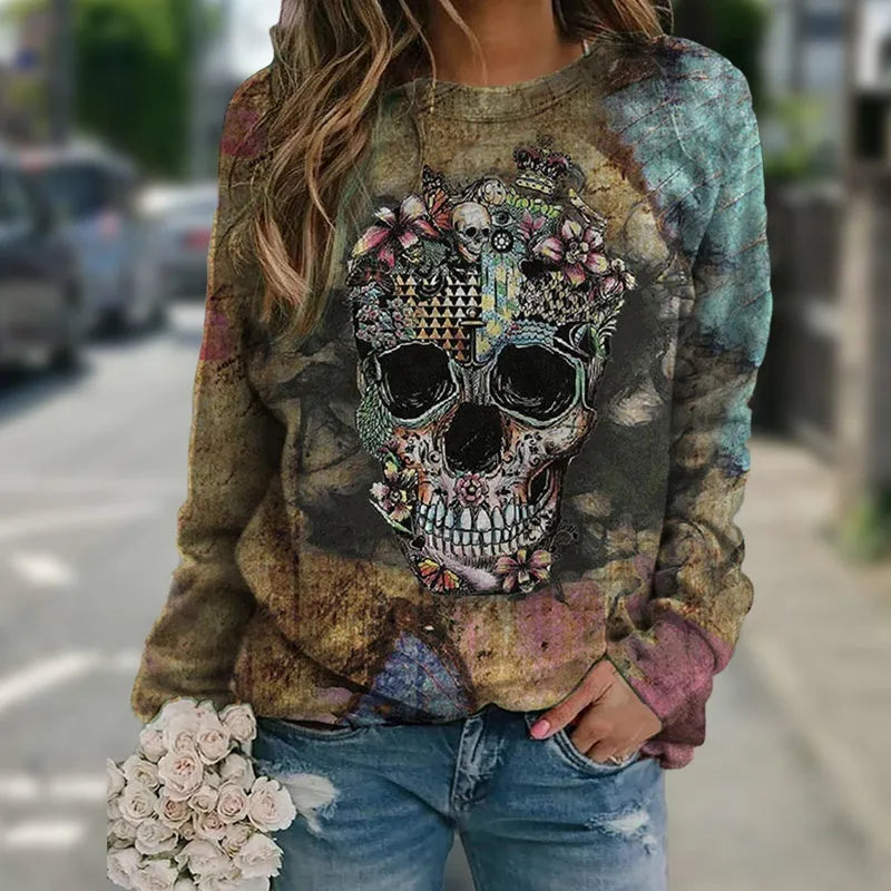 Black long sleeve sweatshirt with skull print design on front