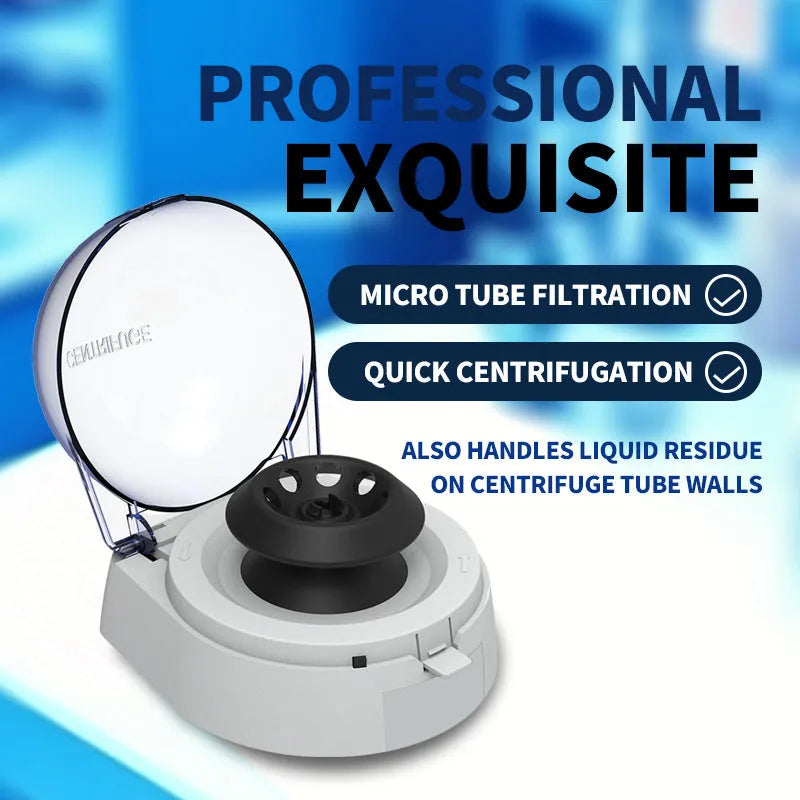 Mini laboratory centrifuge with 7000 RPM capability and compact rectangular design