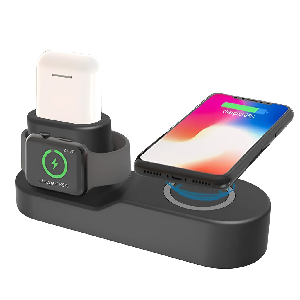 Black and white W3 3-in-1 wireless charging stand for iPhone, Apple Watch and AirPods on a desk