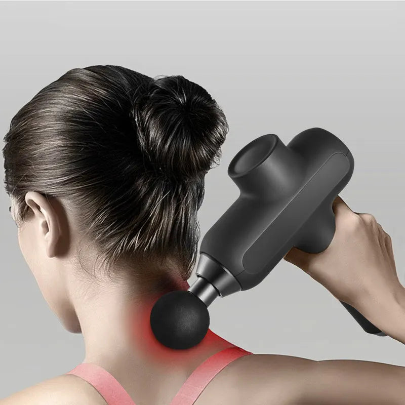 Rechargeable electric muscle massager with six circular heads showing black, red, and silver colour options.