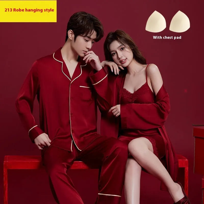 Red polyester wedding dowry suit set for a man and woman, featuring long sleeves and trousers.