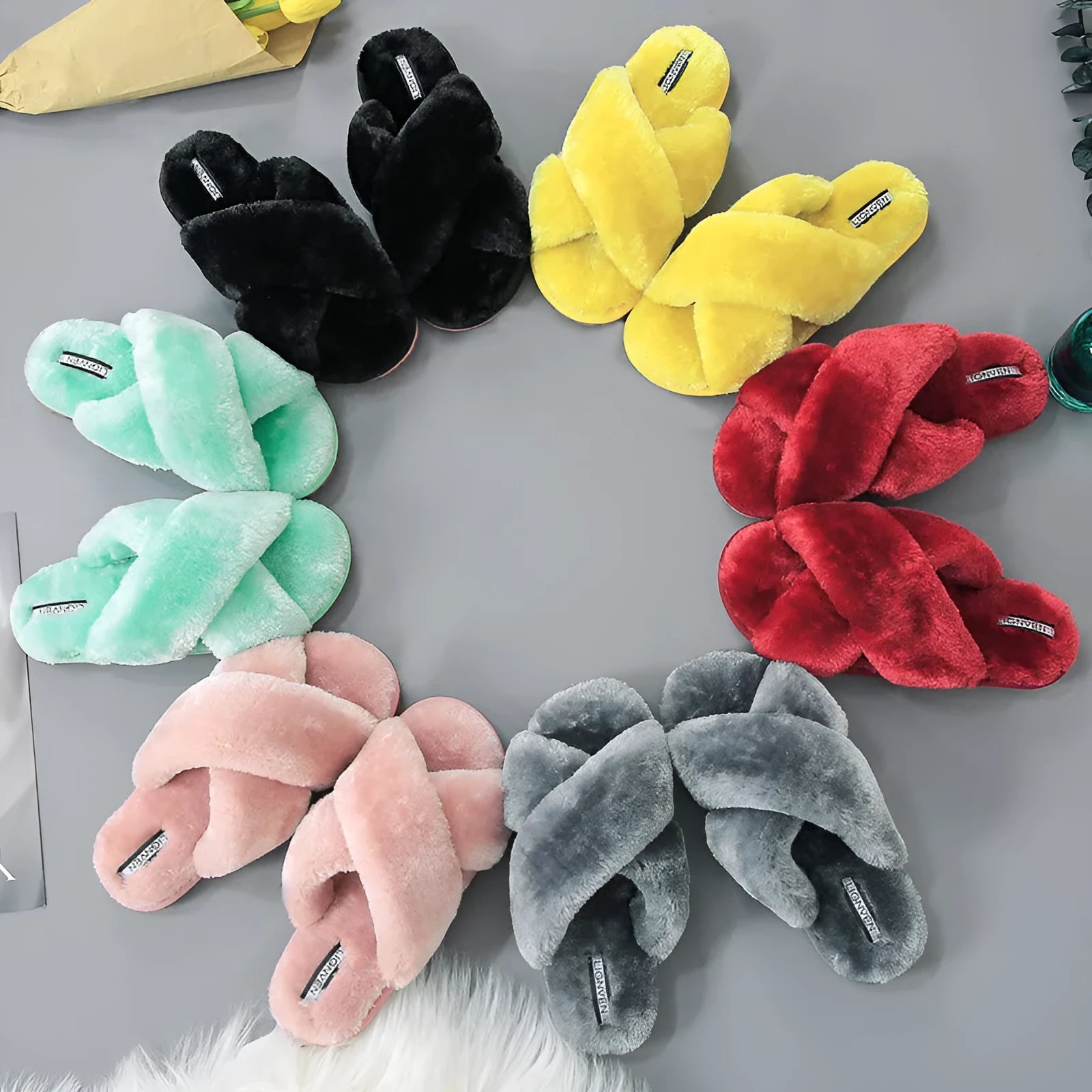 Cross open-toe fur slippers showing open-toe design and patterned non-slip sole