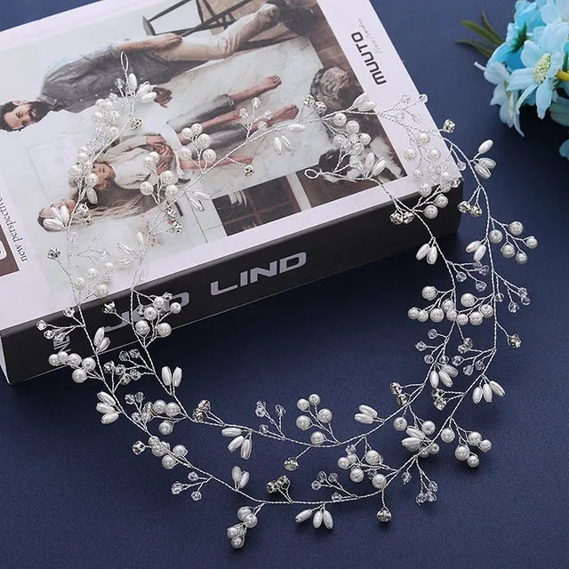 Silver wedding hair band with crystals and pearls on a long wire, shown at 100cm length