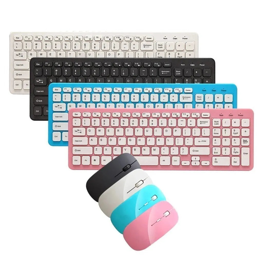 Black wireless keyboard and mouse set with USB receiver on wooden desk
