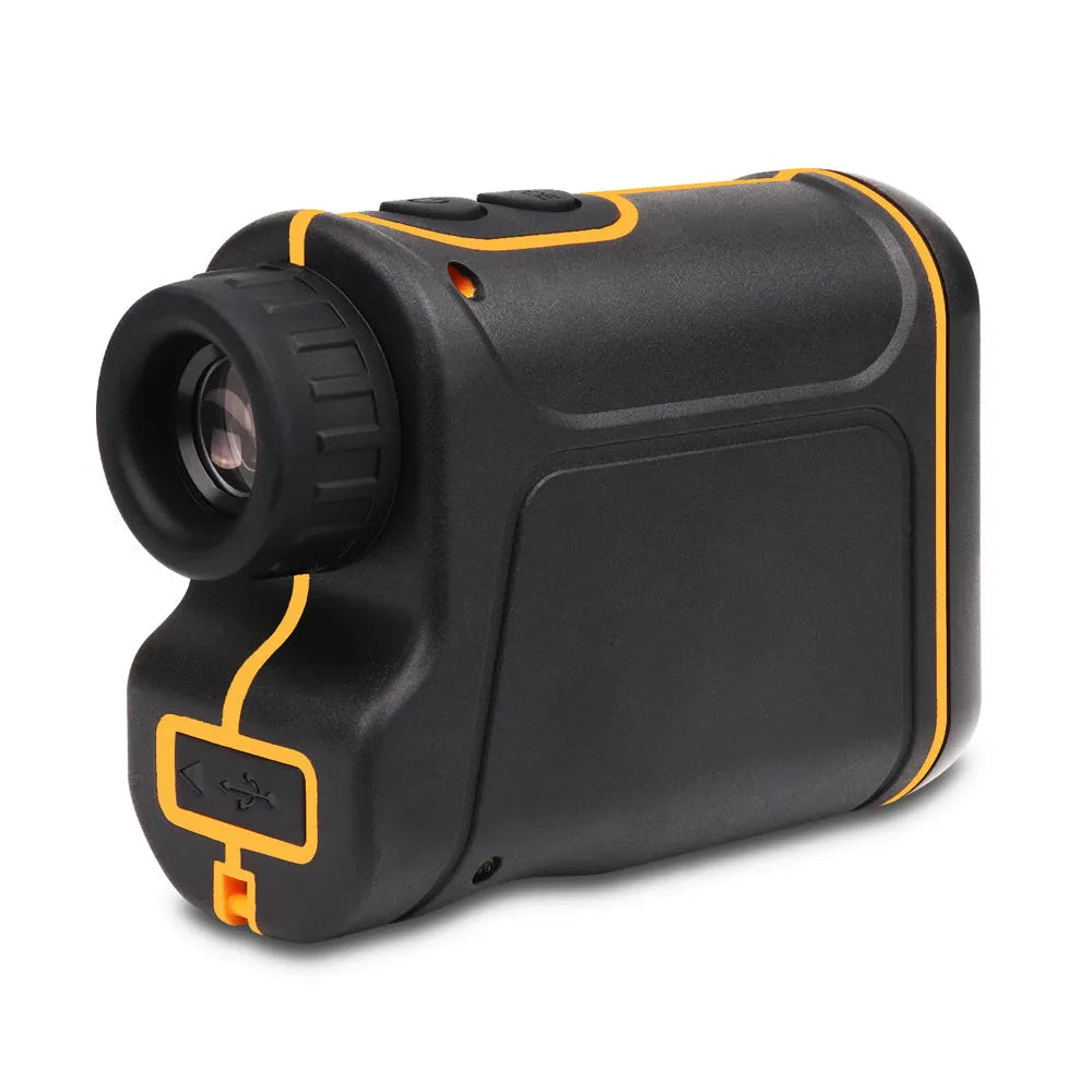 Handheld golf laser rangefinder distance meter showing LCD display with measurement readings