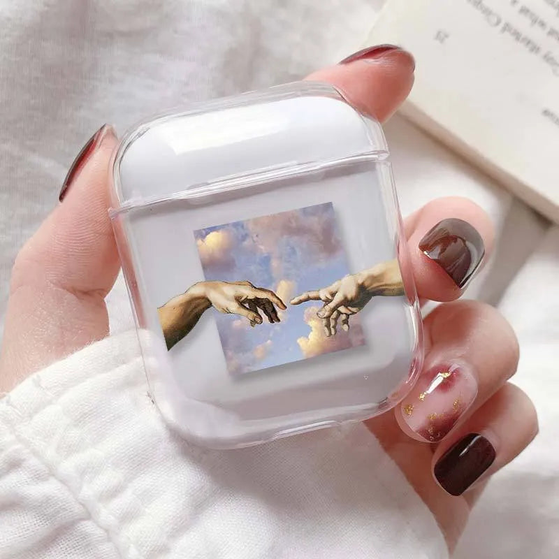 Transparent plastic protective case for Apple AirPods showing colour style options