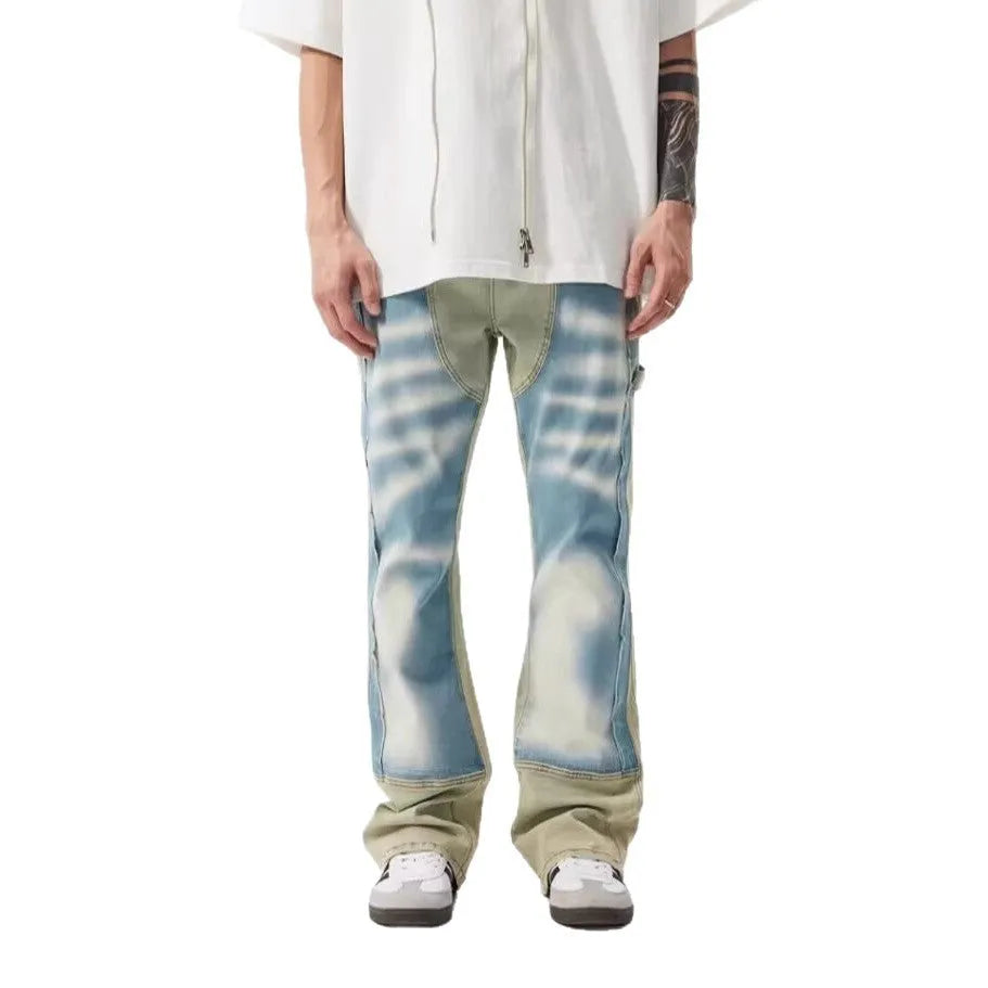 Retro dual-colour patchwork jeans with splash-ink damaged design in yellow and blue