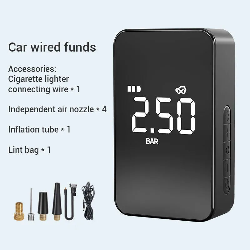 Wireless digital display inflator pump with four nozzles and carrying bag