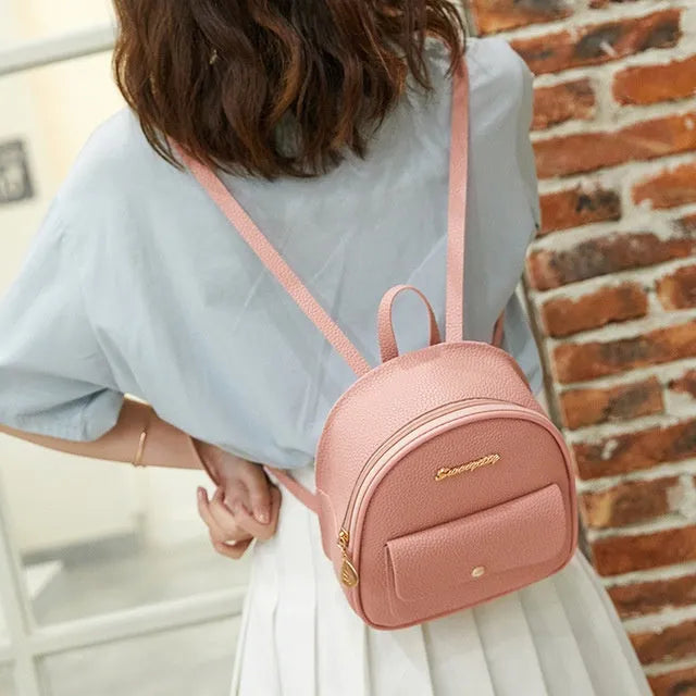 PU women's small backpack shoulder bag in solid colour with zipper closure