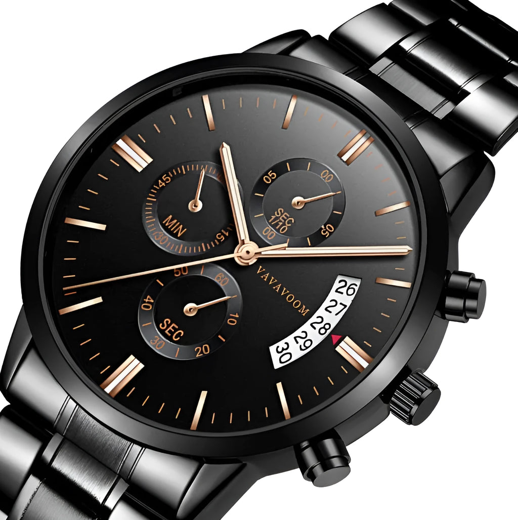Men's stainless steel watch with black dial and silver chain, showing calendar function and 43mm case