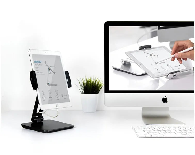 Foldable aluminium desktop phone and tablet holder showing 360° rotation capability