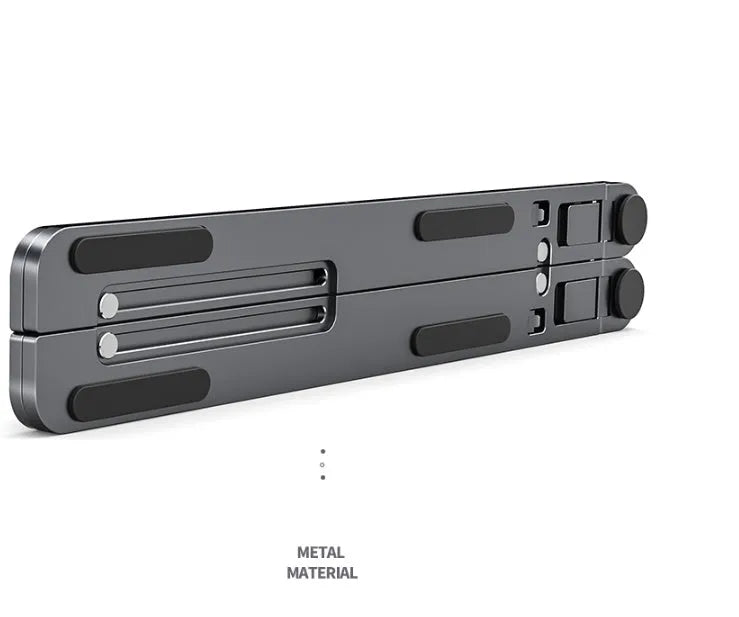 Aluminium laptop stand in silver, folded flat next to an open laptop showing its adjustable height mechanism.