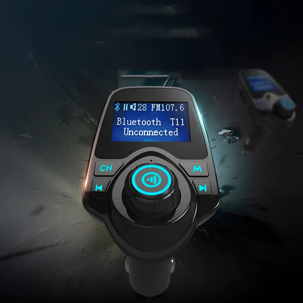 Black G7 Bluetooth FM transmitter and car hands-free kit plugged into a 12V car socket