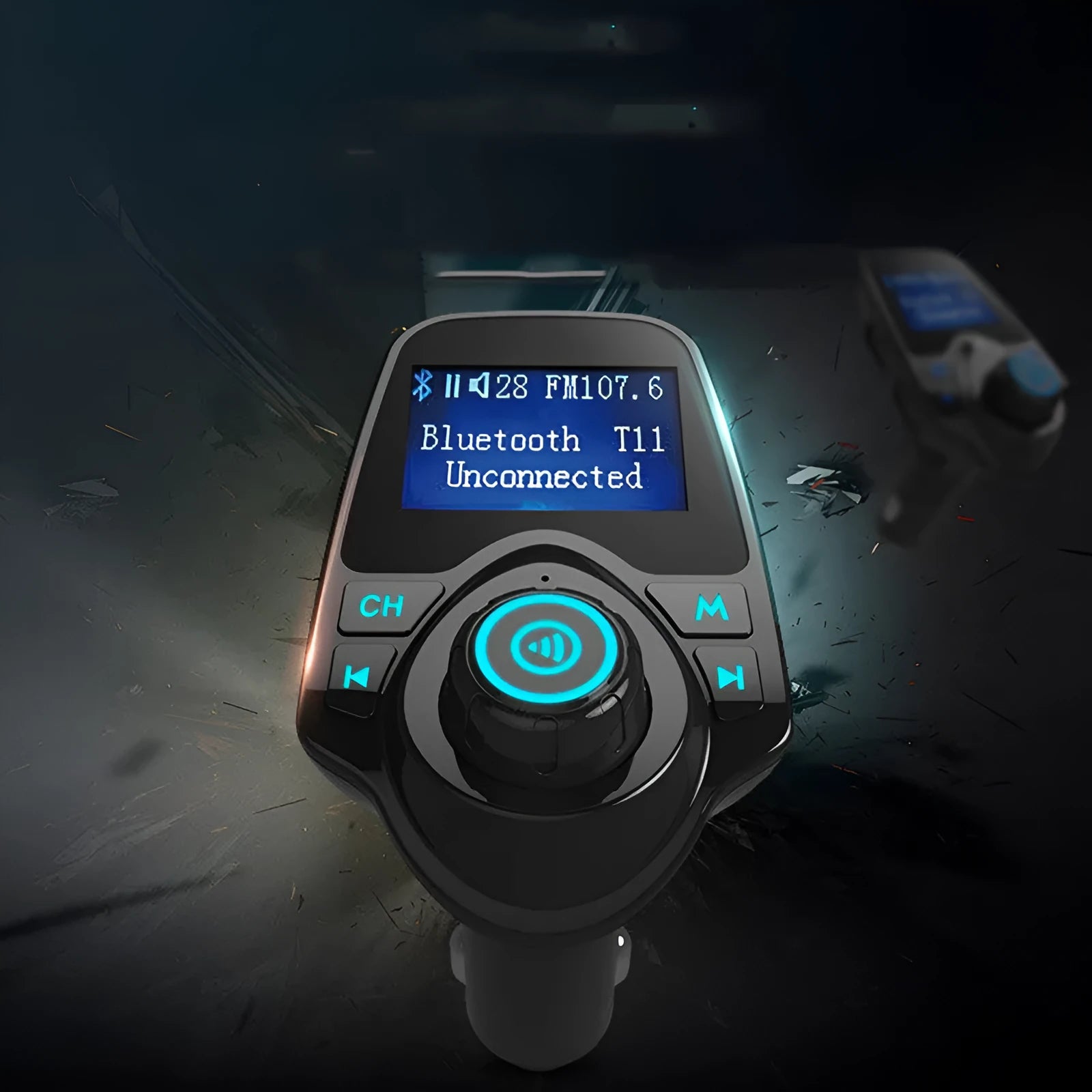 Black G7 Bluetooth FM transmitter and car hands-free kit plugged into a 12V car socket