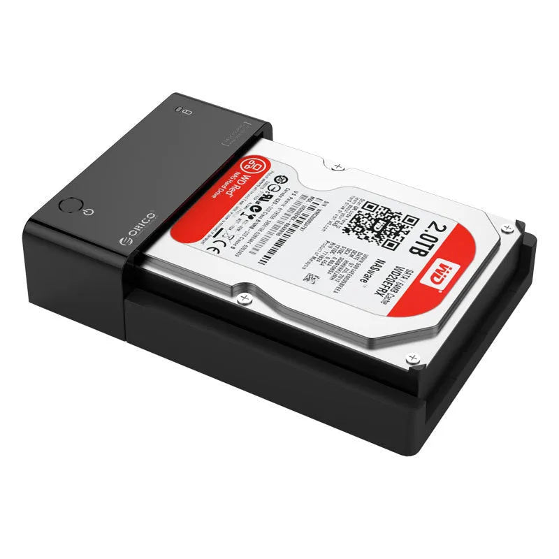 Black universal hard drive box for 2.5 inch and 3.5 inch SATA hard drives with data cable
