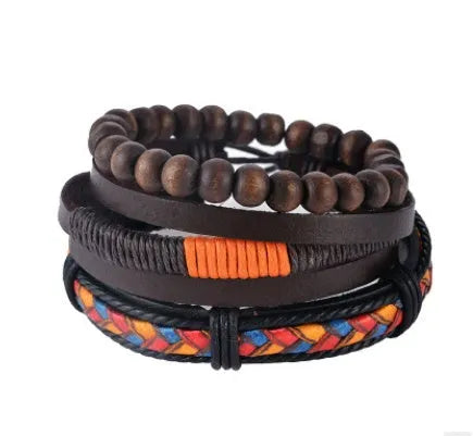 Handmade adjustable leather wrap bracelet with wooden bead on woven cowhide, hemp, and wax ropes.