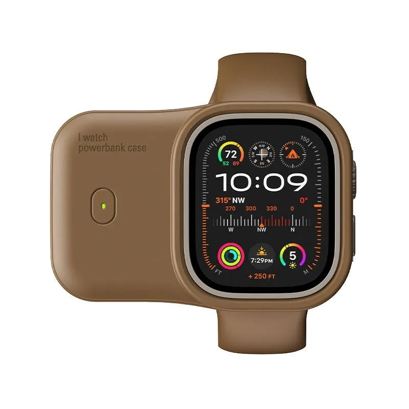 Apple Watch portable charging case in Brown, Midnight Blue, or Starlight colours with 1200mAh battery
