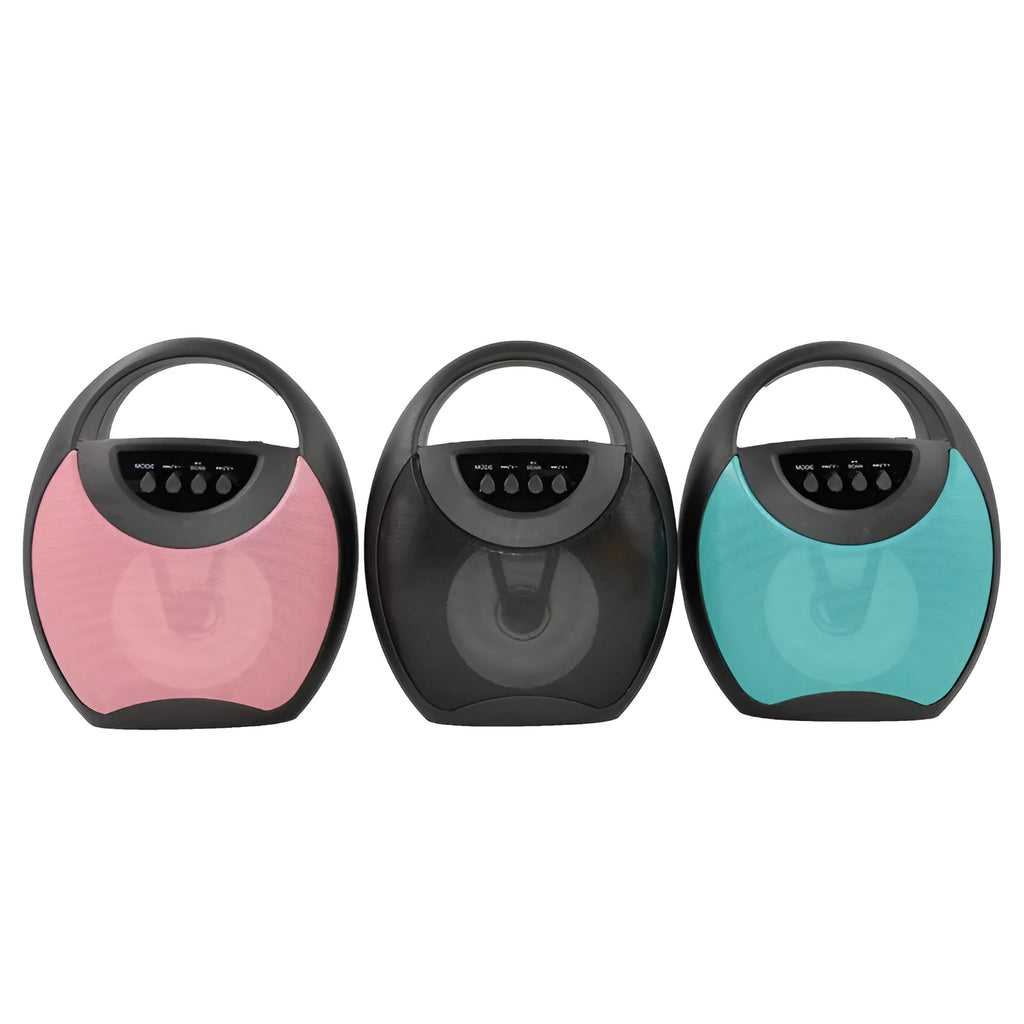 Portable Bluetooth speaker in black, blue, or pink with USB port and playback controls