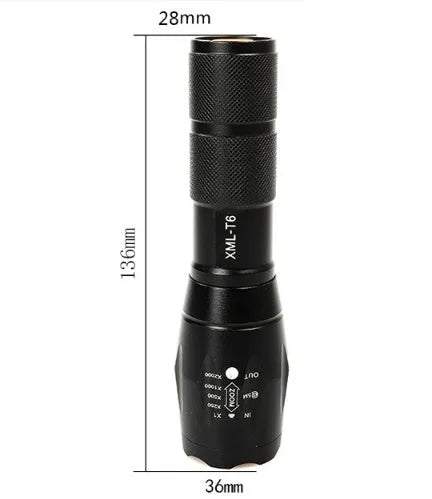Black aluminium zoomable LED flashlight showing adjustable focus head and textured anti-skid grip.