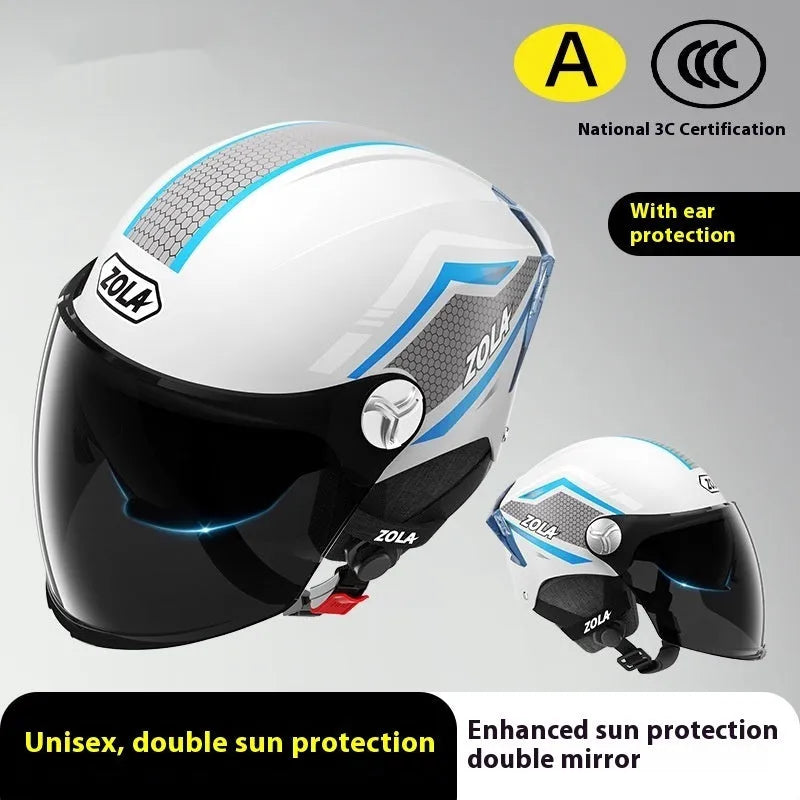 3C certified ABS half motorcycle helmet with double mirror visor in various colours for men women and children