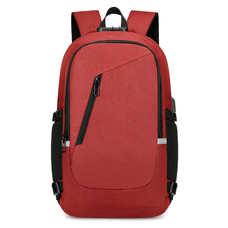 Oxford cloth computer backpack in blue colour showing front storage compartment and adjustable shoulder straps